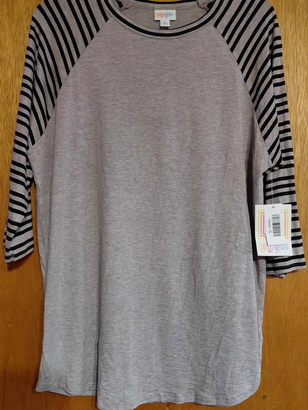 LuLaRoe RANDY Baseball Raglan Tee Shirt Gray, Black & Gray Stripe  - Size XL NEW